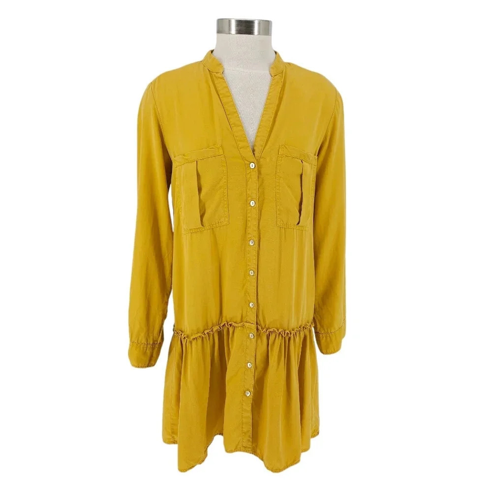 Zara Drop Waist Shift Shirt Dress Mustard Yellow Long Sleeve Button Ruffle